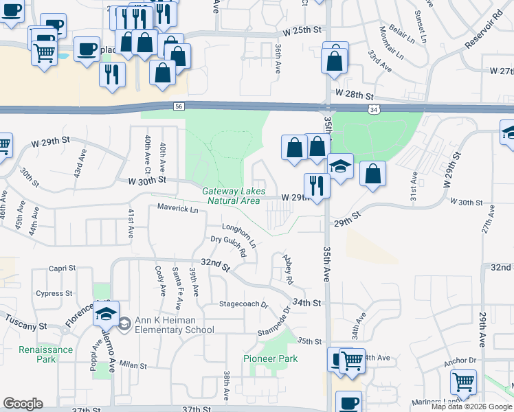 map of restaurants, bars, coffee shops, grocery stores, and more near 3612 West 29th Street in Greeley