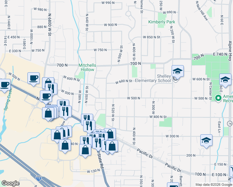 map of restaurants, bars, coffee shops, grocery stores, and more near 533 North 490 West Circle in American Fork