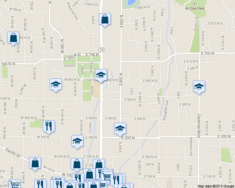 map of restaurants, bars, coffee shops, grocery stores, and more near 527 N 200 E in American Fork