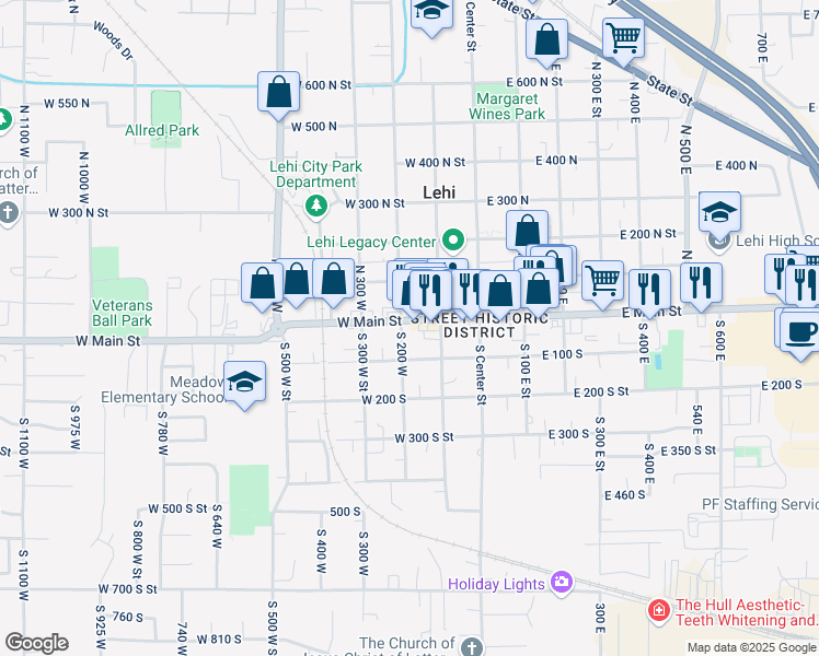 map of restaurants, bars, coffee shops, grocery stores, and more near 187 West Main Street in Lehi