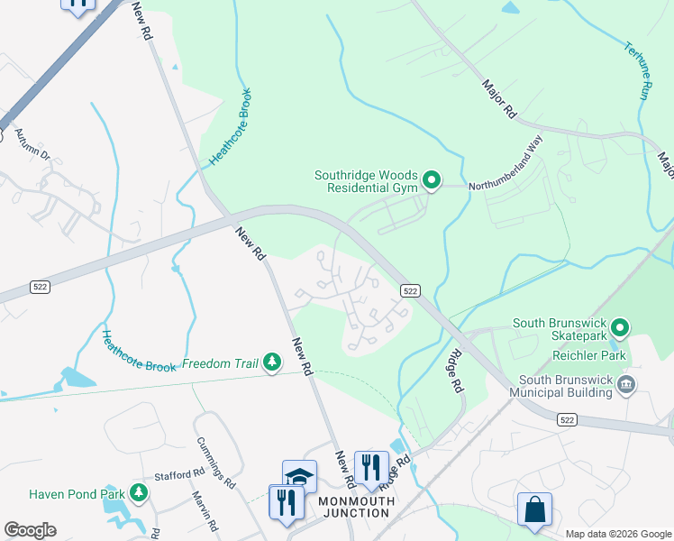 map of restaurants, bars, coffee shops, grocery stores, and more near 20 Bard Drive North in South Brunswick Township