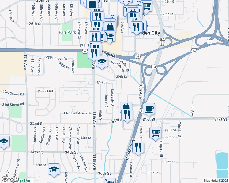 map of restaurants, bars, coffee shops, grocery stores, and more near 3006 Lakeside Drive in Evans
