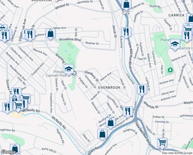 map of restaurants, bars, coffee shops, grocery stores, and more near 2205 Glenbury Street in Pittsburgh