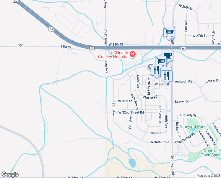 map of restaurants, bars, coffee shops, grocery stores, and more near 3000 70th Avenue in Greeley