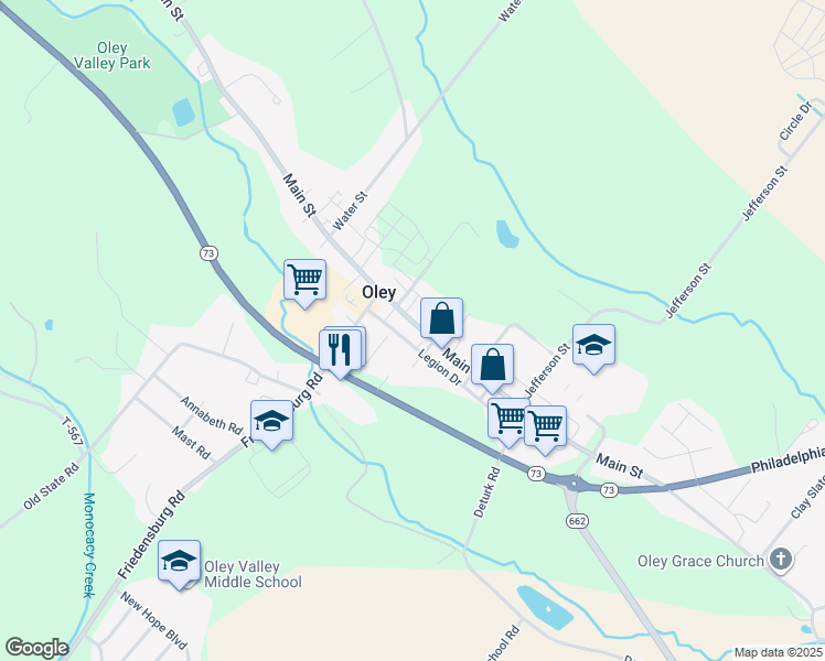 map of restaurants, bars, coffee shops, grocery stores, and more near 420 Main Street in Oley