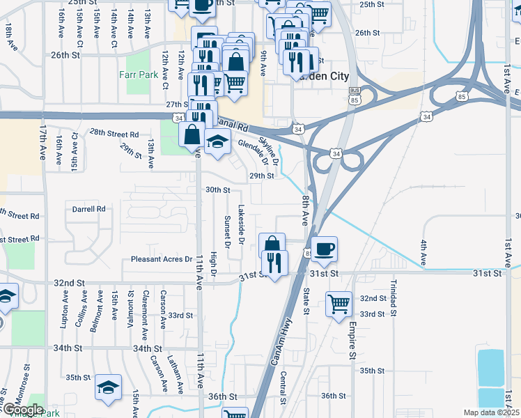 map of restaurants, bars, coffee shops, grocery stores, and more near 2930 11th Avenue in Evans