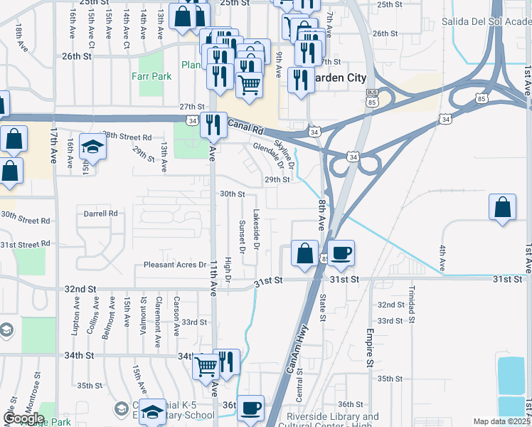 map of restaurants, bars, coffee shops, grocery stores, and more near 3006 Lakeside Drive in Evans
