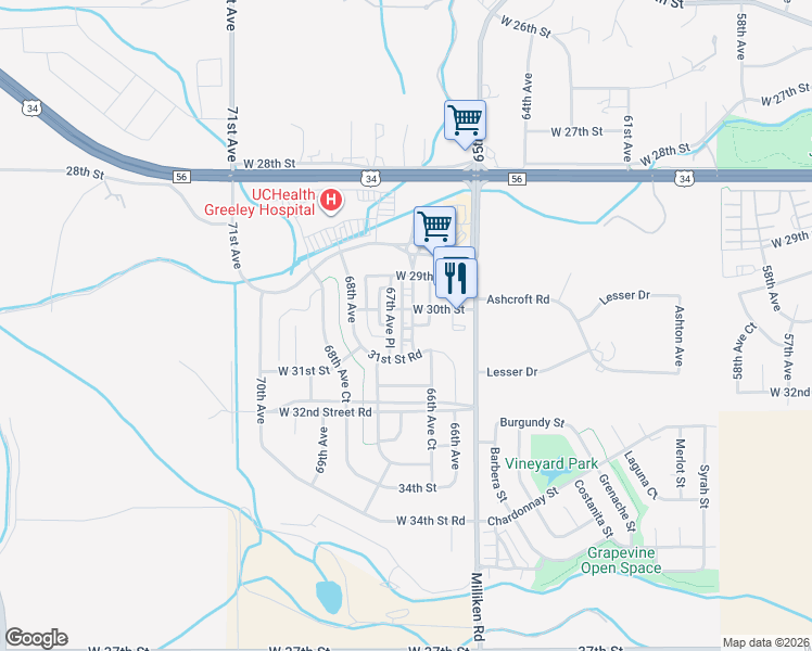 map of restaurants, bars, coffee shops, grocery stores, and more near 3110 67th Avenue Place in Greeley