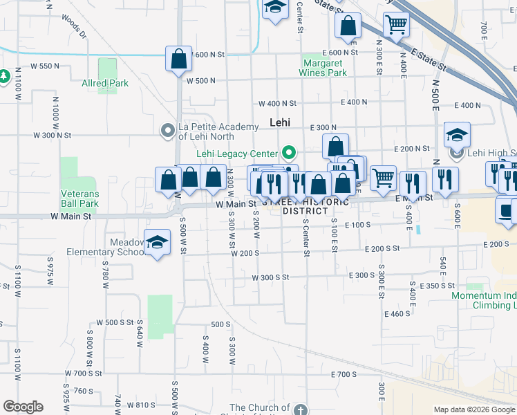 map of restaurants, bars, coffee shops, grocery stores, and more near 187 West Main Street in Lehi