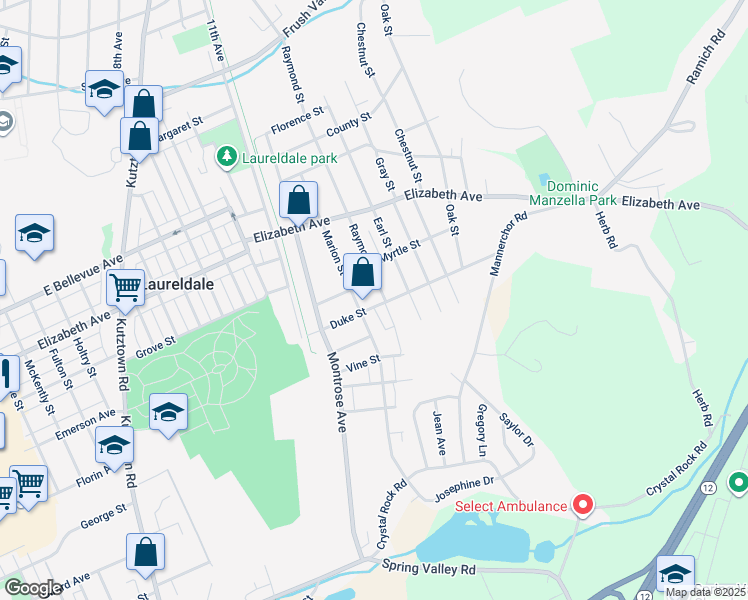 map of restaurants, bars, coffee shops, grocery stores, and more near 3200 Raymond Street in Laureldale