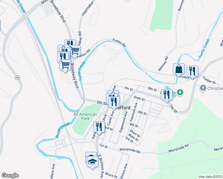 map of restaurants, bars, coffee shops, grocery stores, and more near 537 Brinton Avenue in Trafford