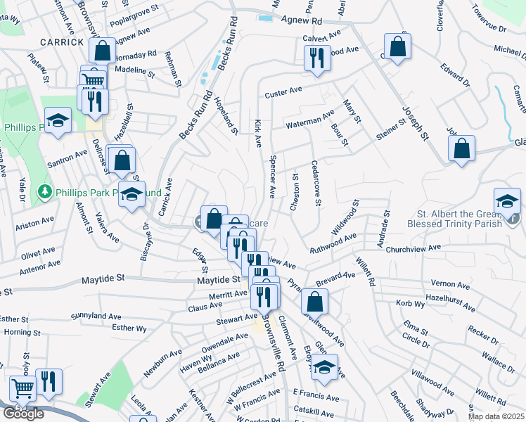 map of restaurants, bars, coffee shops, grocery stores, and more near 154 Kirk Avenue in Pittsburgh