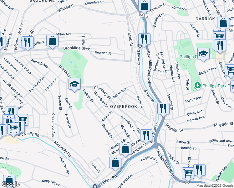 map of restaurants, bars, coffee shops, grocery stores, and more near 106 Briggs Street in Pittsburgh
