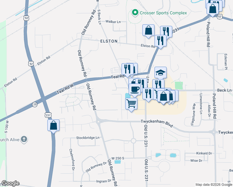 map of restaurants, bars, coffee shops, grocery stores, and more near 2822 Plaza Lane in Lafayette