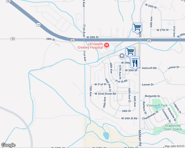 map of restaurants, bars, coffee shops, grocery stores, and more near 3000 70th Avenue in Greeley