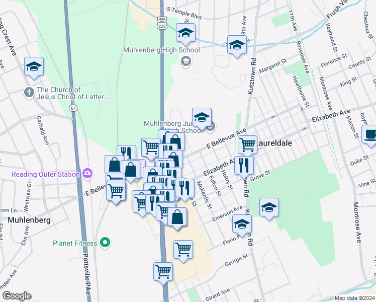 map of restaurants, bars, coffee shops, grocery stores, and more near 519 East Bellevue Avenue in Laureldale
