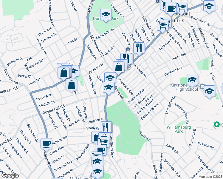 map of restaurants, bars, coffee shops, grocery stores, and more near 255 Washington Rd in Pittsburgh