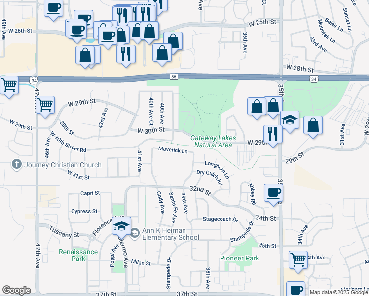 map of restaurants, bars, coffee shops, grocery stores, and more near 3921 Maverick Lane in Evans