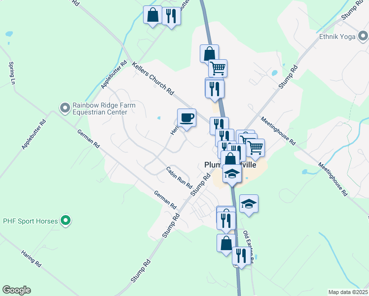 map of restaurants, bars, coffee shops, grocery stores, and more near 4910 Tall Cedar Court in Plumsteadville