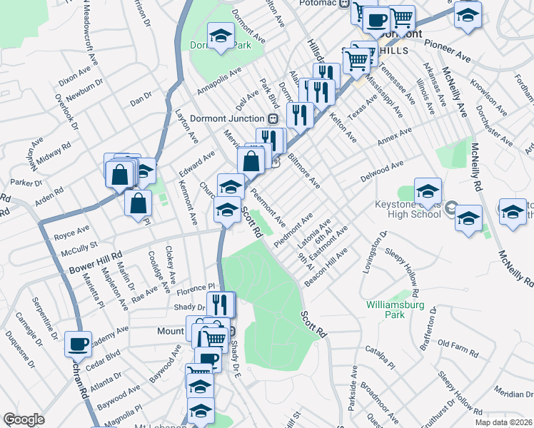 map of restaurants, bars, coffee shops, grocery stores, and more near 1227 Peermont Avenue in Pittsburgh