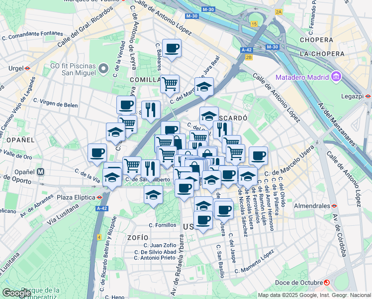 map of restaurants, bars, coffee shops, grocery stores, and more near 29 Calle Gumersindo Azcárate in Madrid