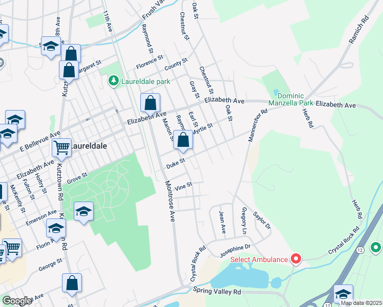 map of restaurants, bars, coffee shops, grocery stores, and more near 3200 Raymond Street in Laureldale