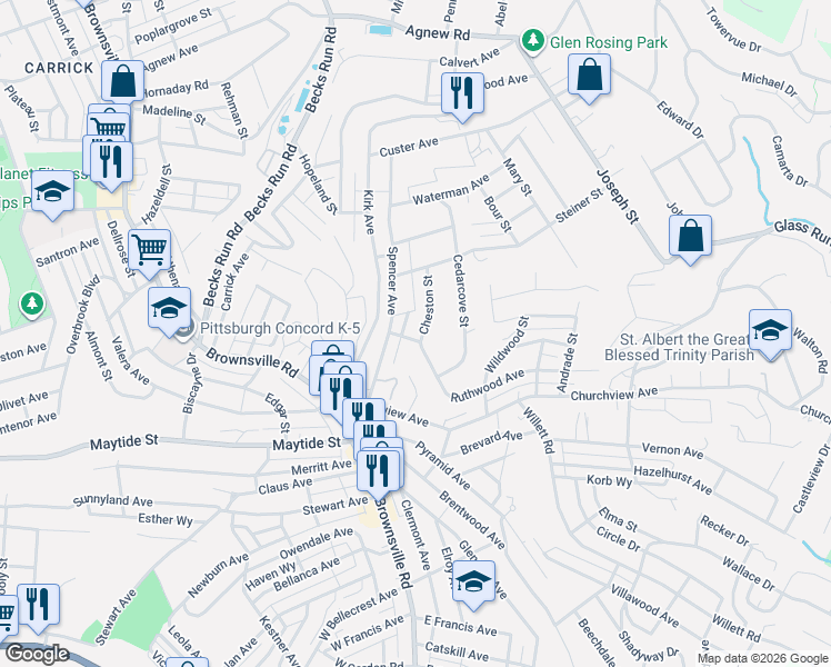 map of restaurants, bars, coffee shops, grocery stores, and more near 163 Cheston Street in Pittsburgh
