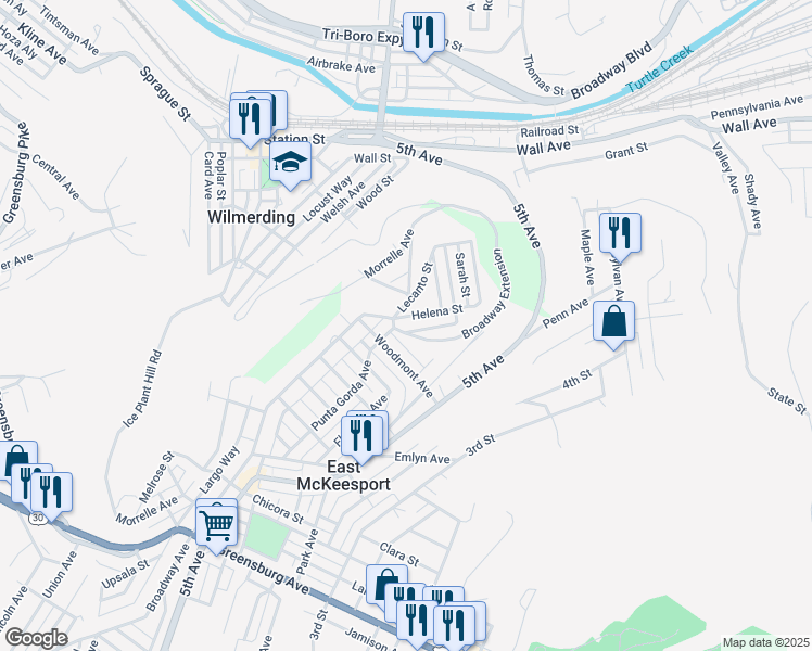 map of restaurants, bars, coffee shops, grocery stores, and more near 583 Broadway Extension in East McKeesport