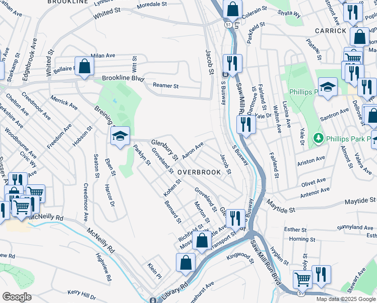 map of restaurants, bars, coffee shops, grocery stores, and more near 106 Briggs Street in Pittsburgh