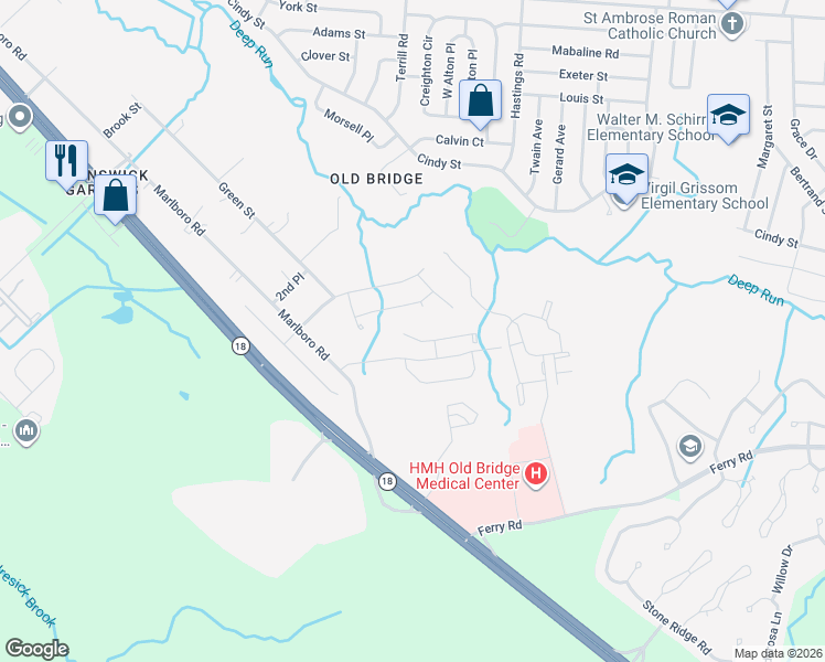 map of restaurants, bars, coffee shops, grocery stores, and more near 16 Carmel Court in Old Bridge Township