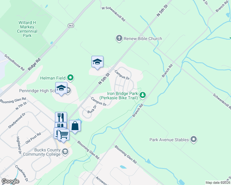 map of restaurants, bars, coffee shops, grocery stores, and more near 160 Sunnyside Lane in Perkasie