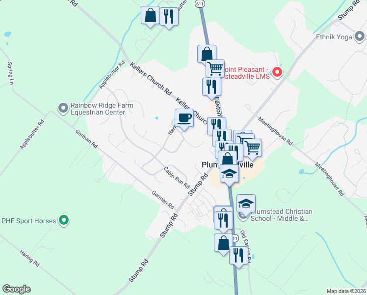 map of restaurants, bars, coffee shops, grocery stores, and more near 4908 Tall Cedar Court in Plumsteadville