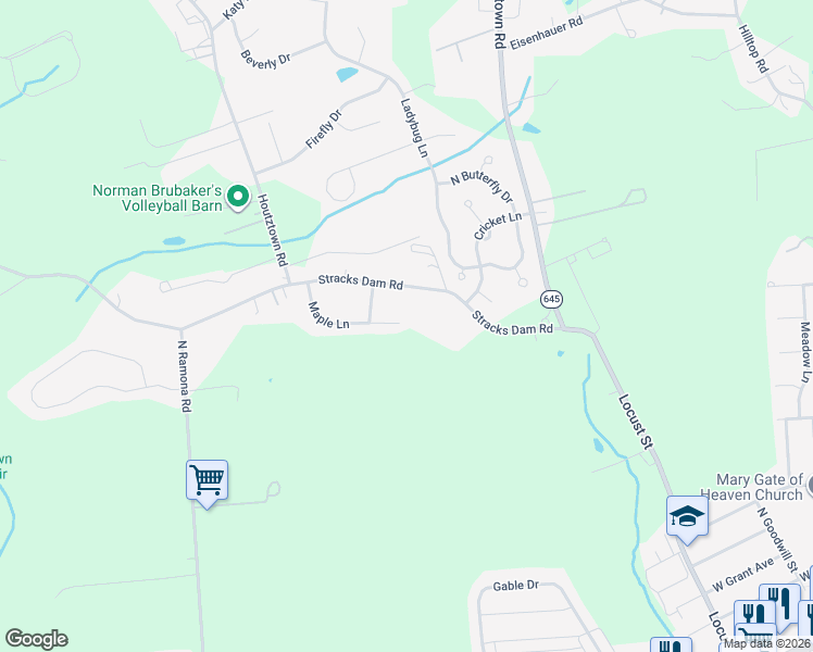 map of restaurants, bars, coffee shops, grocery stores, and more near 30 Maple Lane in Myerstown