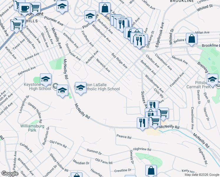map of restaurants, bars, coffee shops, grocery stores, and more near 2804 Queensboro Avenue in Pittsburgh