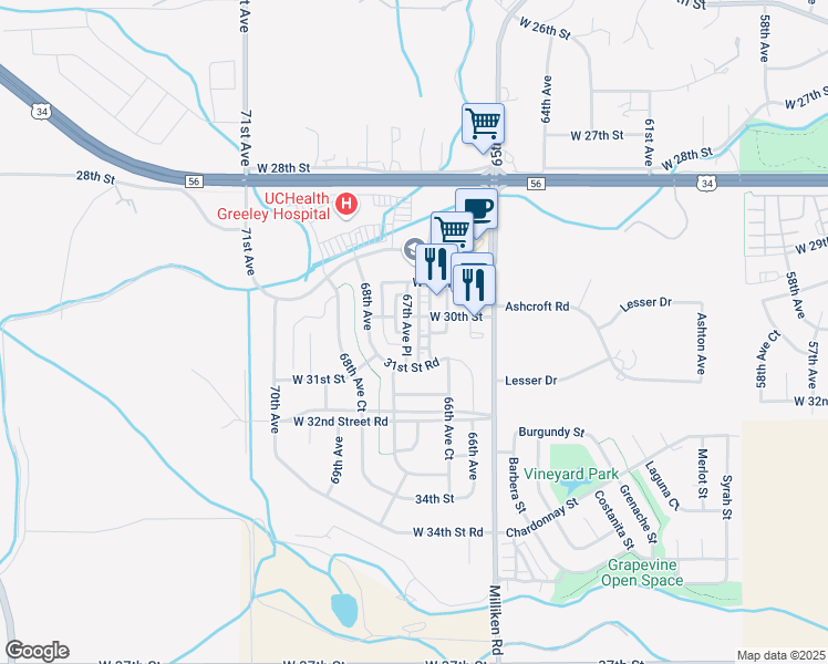 map of restaurants, bars, coffee shops, grocery stores, and more near 3110 67th Avenue Place in Greeley