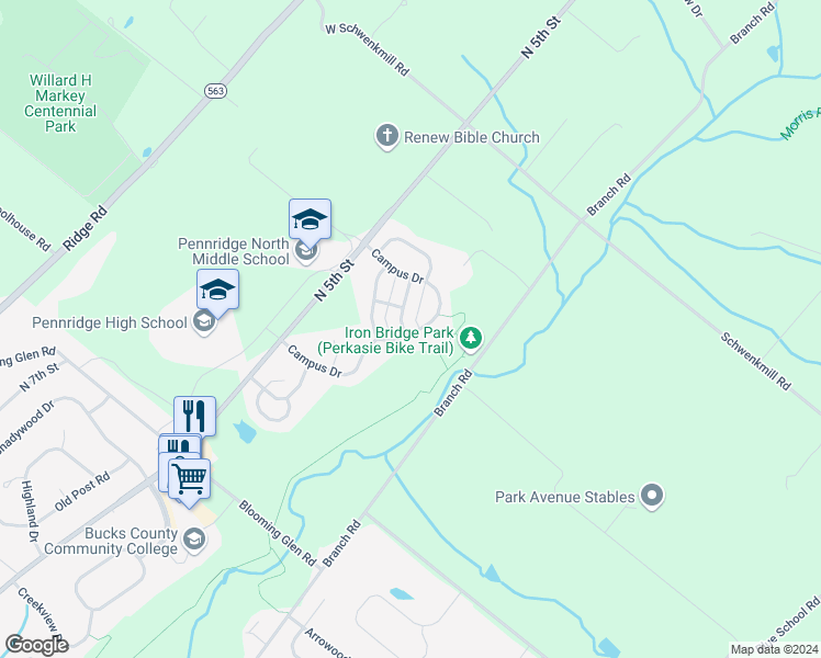 map of restaurants, bars, coffee shops, grocery stores, and more near 44 Bryant Drive in Perkasie