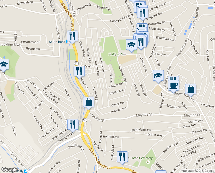 map of restaurants, bars, coffee shops, grocery stores, and more near 2243 Lucina Avenue in Pittsburgh