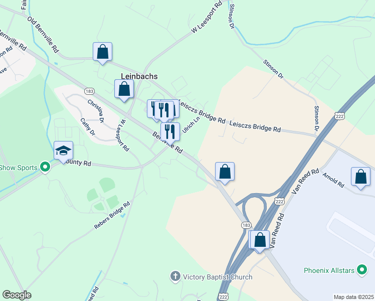 map of restaurants, bars, coffee shops, grocery stores, and more near 2707 Bernville Road in Reading