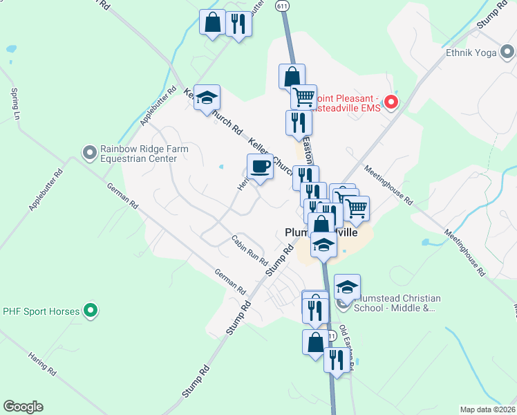 map of restaurants, bars, coffee shops, grocery stores, and more near 4908 Tall Cedar Court in Plumsteadville