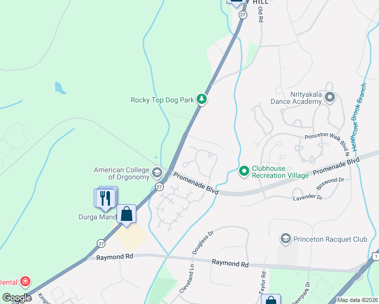 map of restaurants, bars, coffee shops, grocery stores, and more near 51 Briarwood Court in Princeton