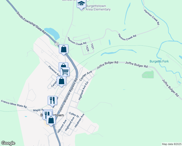 map of restaurants, bars, coffee shops, grocery stores, and more near 245 Center Avenue in Burgettstown