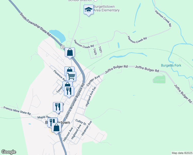 map of restaurants, bars, coffee shops, grocery stores, and more near 245 Center Avenue in Burgettstown