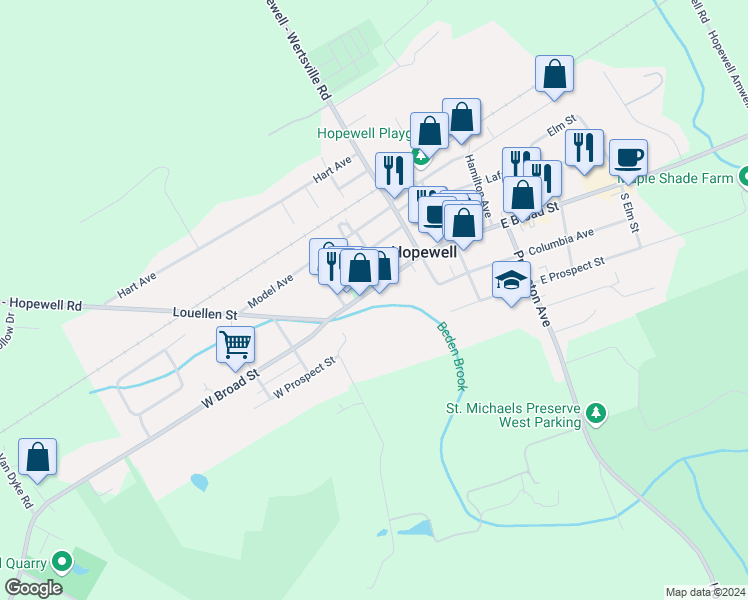 map of restaurants, bars, coffee shops, grocery stores, and more near 47 West Broad Street in Hopewell