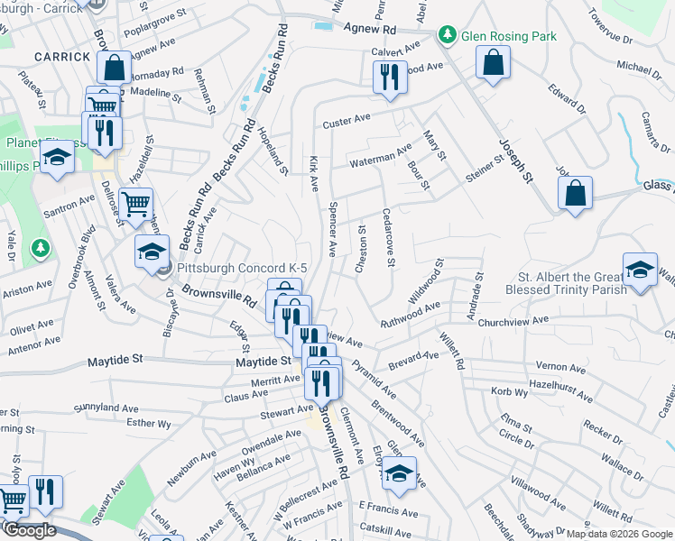 map of restaurants, bars, coffee shops, grocery stores, and more near 163 Cheston Street in Pittsburgh