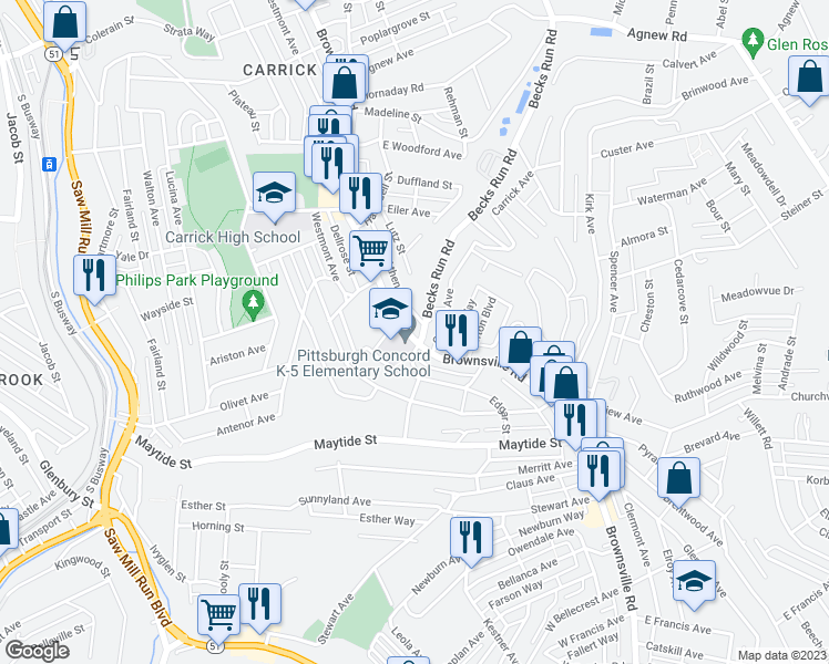 map of restaurants, bars, coffee shops, grocery stores, and more near 2350 Brownsville Road in Pittsburgh