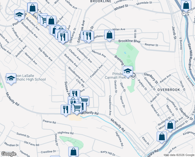 map of restaurants, bars, coffee shops, grocery stores, and more near 1602 Chelton Avenue in Pittsburgh