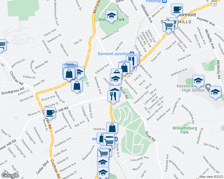 map of restaurants, bars, coffee shops, grocery stores, and more near in Allegheny County