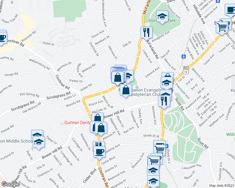 map of restaurants, bars, coffee shops, grocery stores, and more near 42 Marlin Drive East in Pittsburgh
