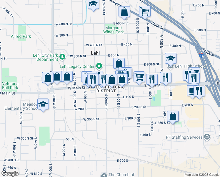 map of restaurants, bars, coffee shops, grocery stores, and more near 39 South Center Street in Lehi