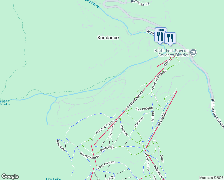 map of restaurants, bars, coffee shops, grocery stores, and more near 3004 East Ridgetop Road in Sundance